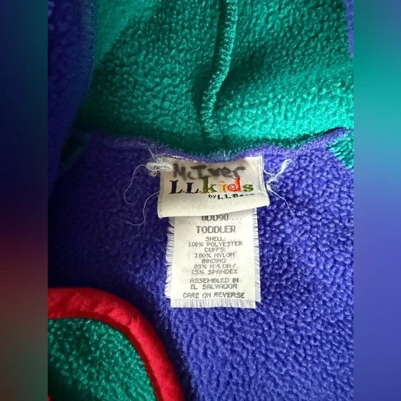 L.L. Bean Vintage Kids Fleece Bunting Toddlers 12M Green Blue Hood Color Block - Picture 3 of 7